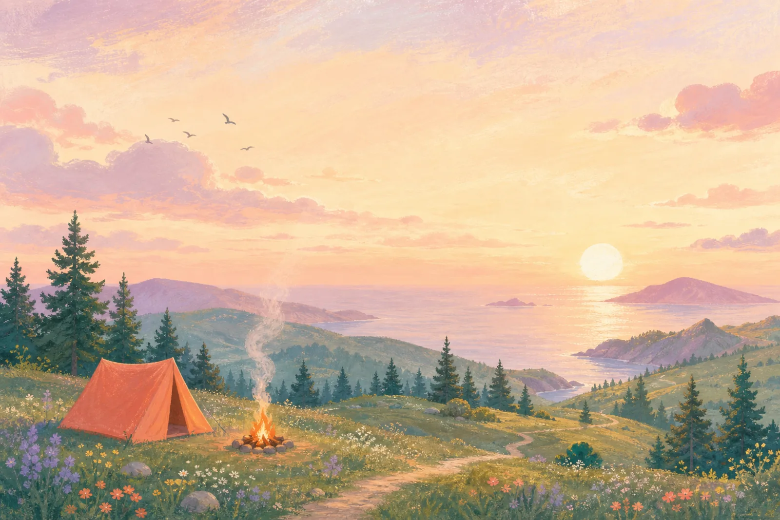 夕暮れの丘に張られたテントと焚き火の風景