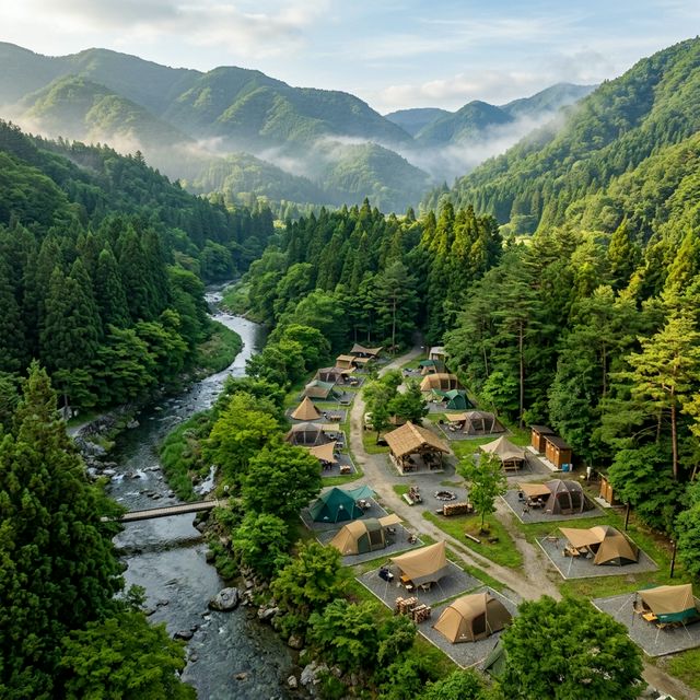 山間のキャンプ場の空撮