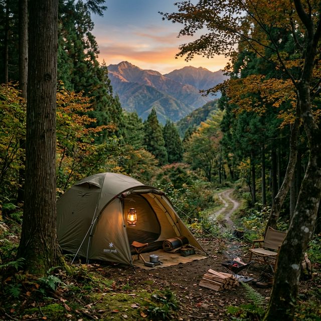 夕暮れの森の中のキャンプサイト